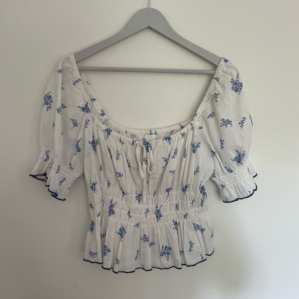 H&M White and Blue Floral Blouse